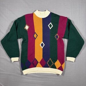 Vintage Gina Peters Women's Knit Sweater Large Embroidered Diamond Color Block